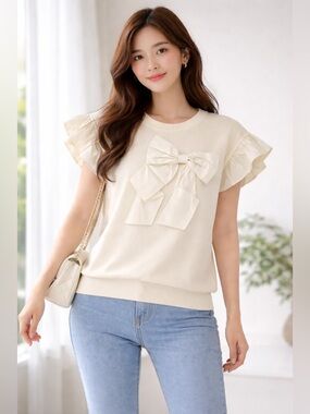Cream Bow-Front Flutter Sleeve Blouse